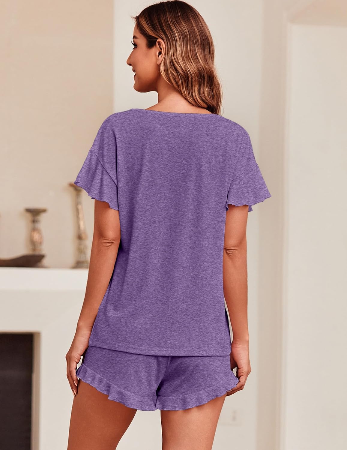 Ekouaer Teddy Ruffle Sleeves Top and Short Soft 2 Piece Set