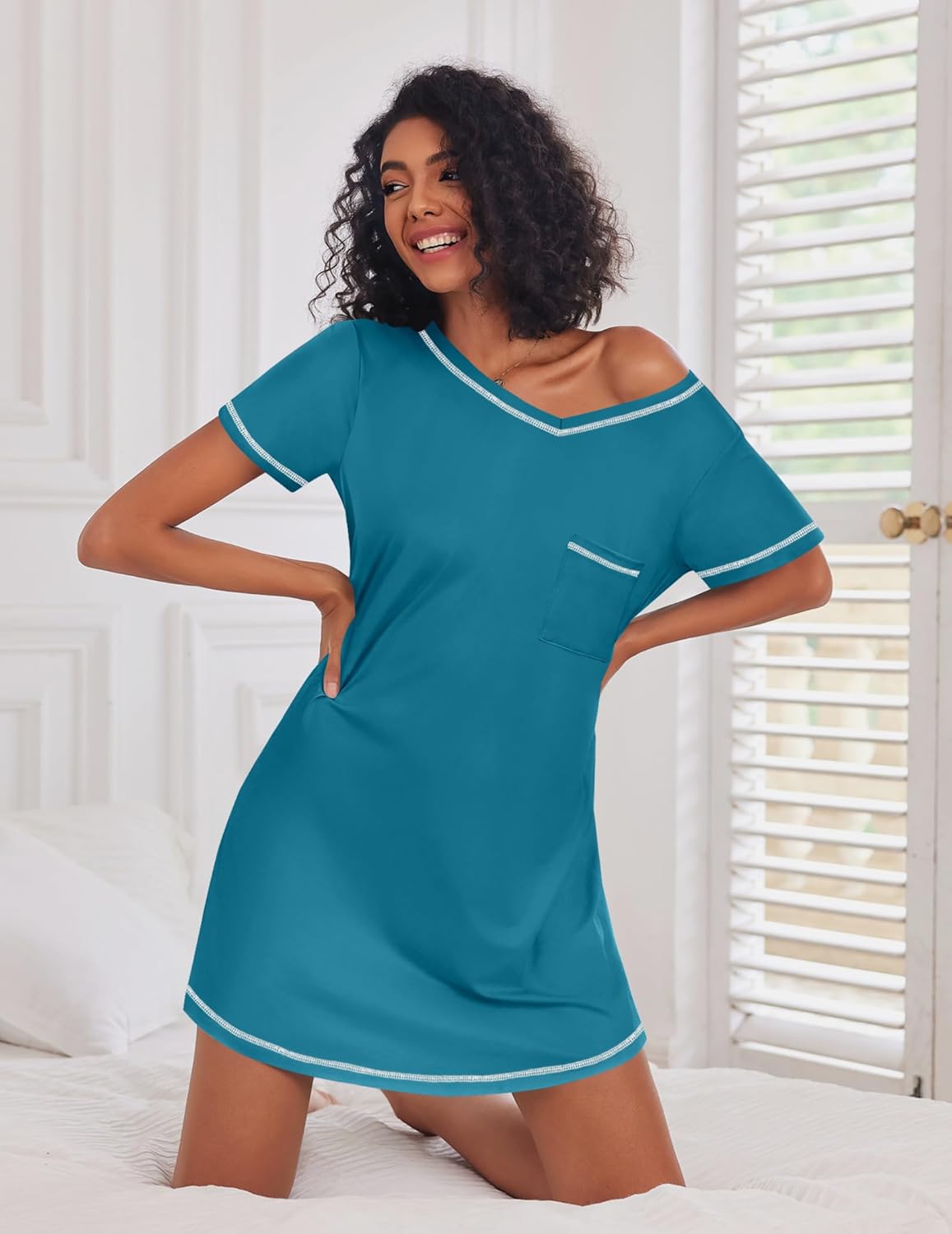 3 Pack Women Short Sleeve NightGown V Neck Soft Dress