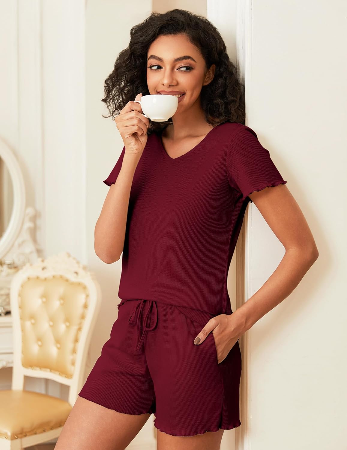 Waffle Knit Lounge Sets Ribbed 2 Piece Outfits
