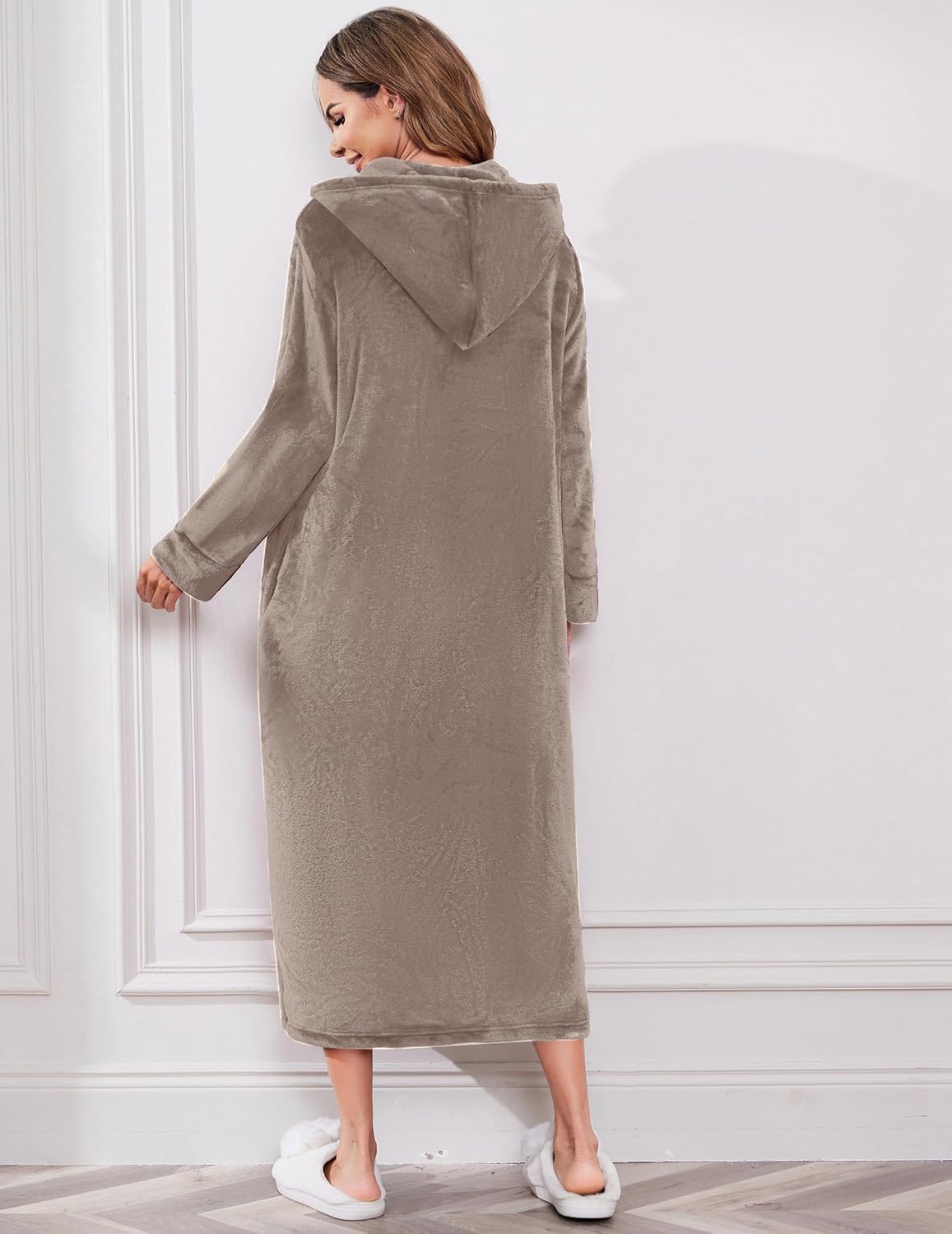 Fleece Robes Hooded Plush Zipper Front Long Bathrobe