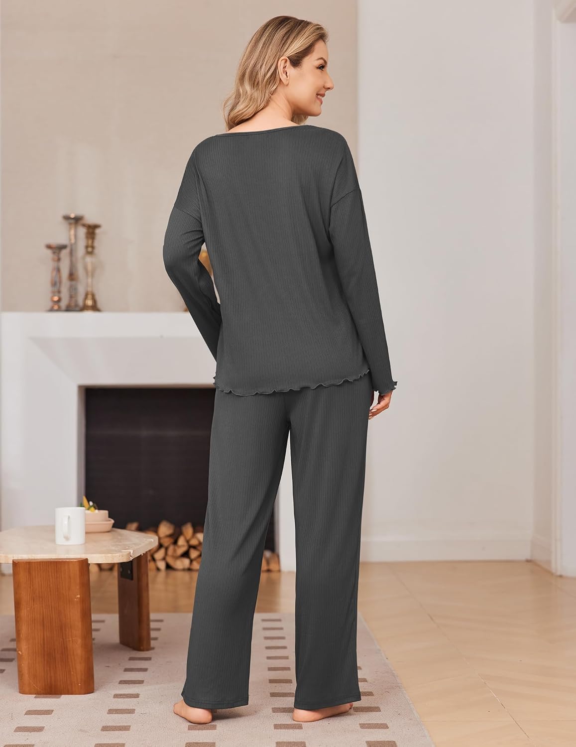 2 Pack Ribbed Knit Pajama Sets V Neck Soft Lounge Sets