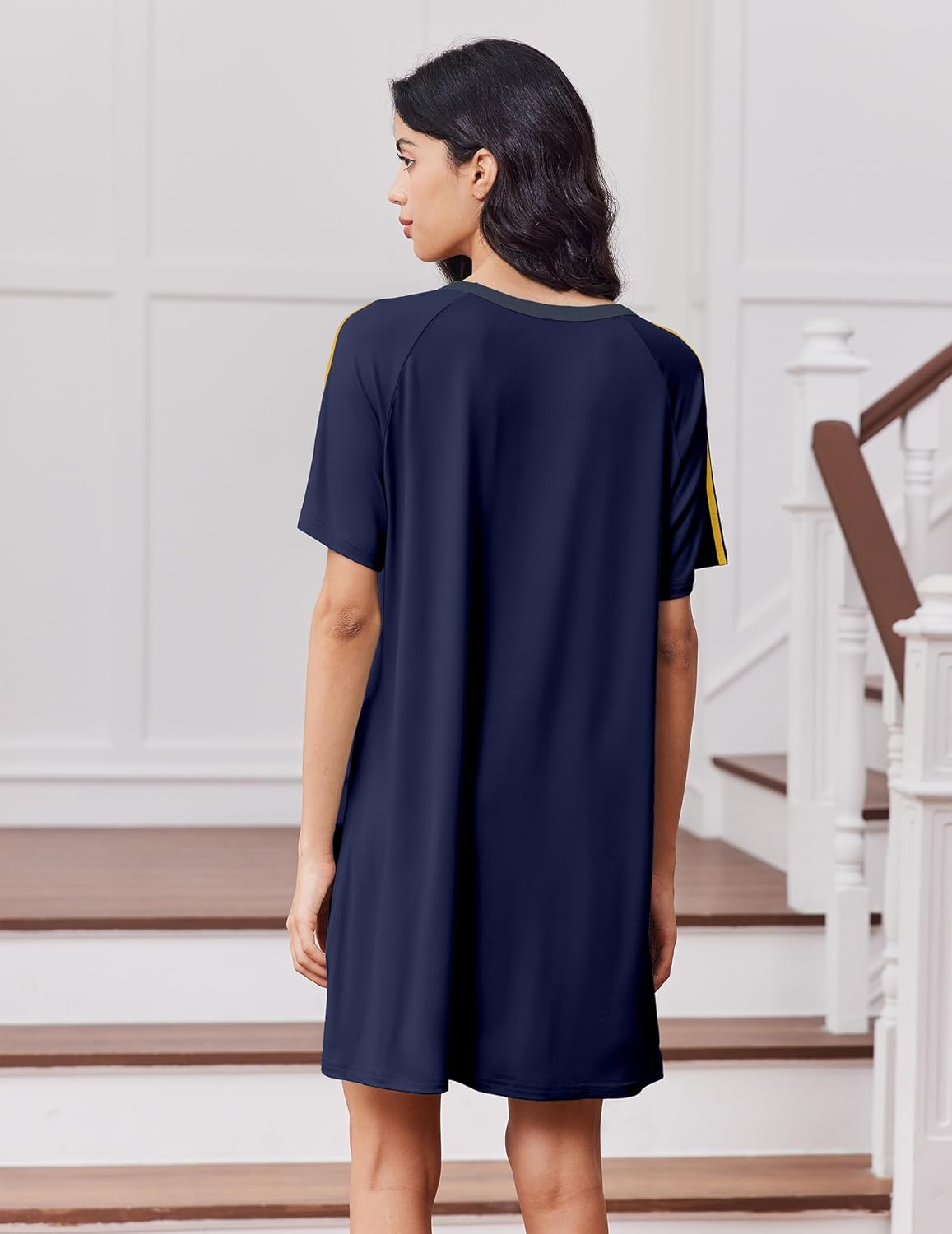 Navy blue sleep dress with crew neck and short sleeves, back view with yellow stripe