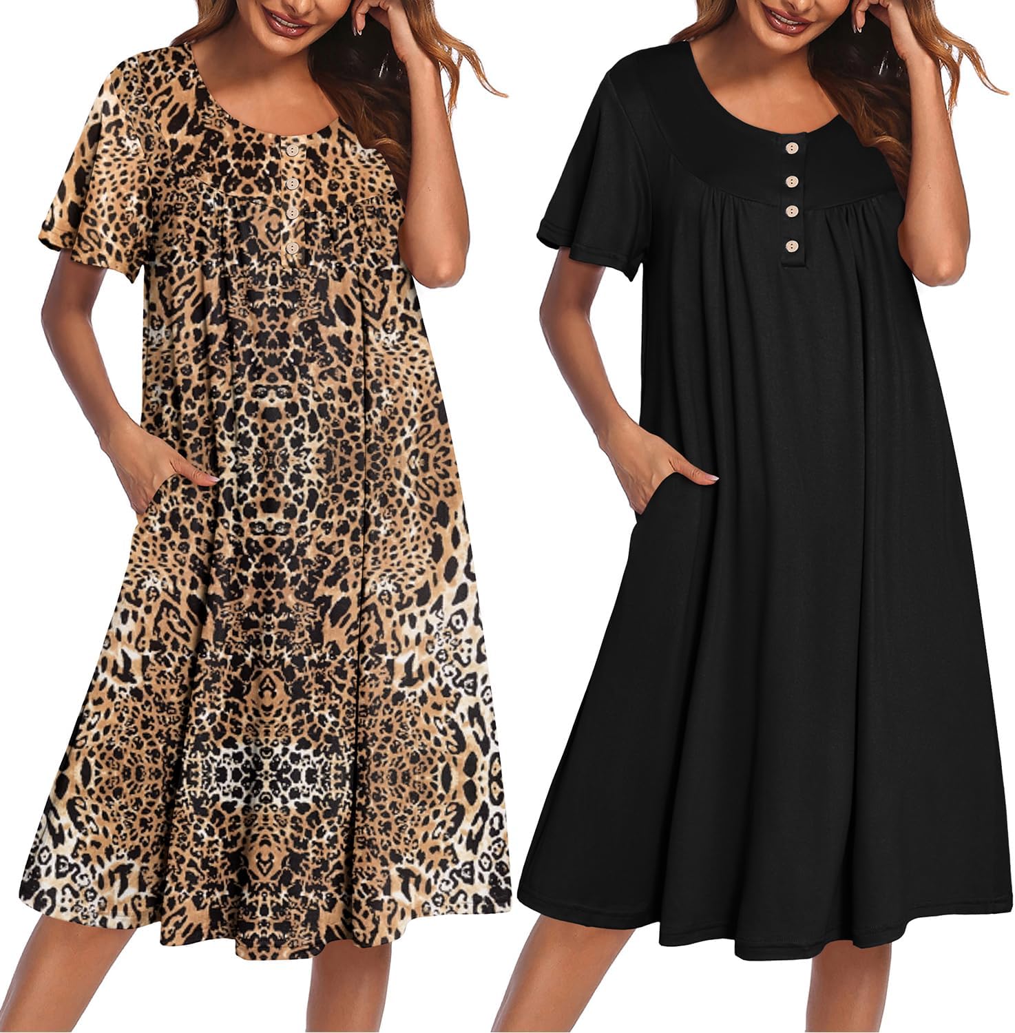 2-pack plus size mumu nightgown, leopard print and solid black button front