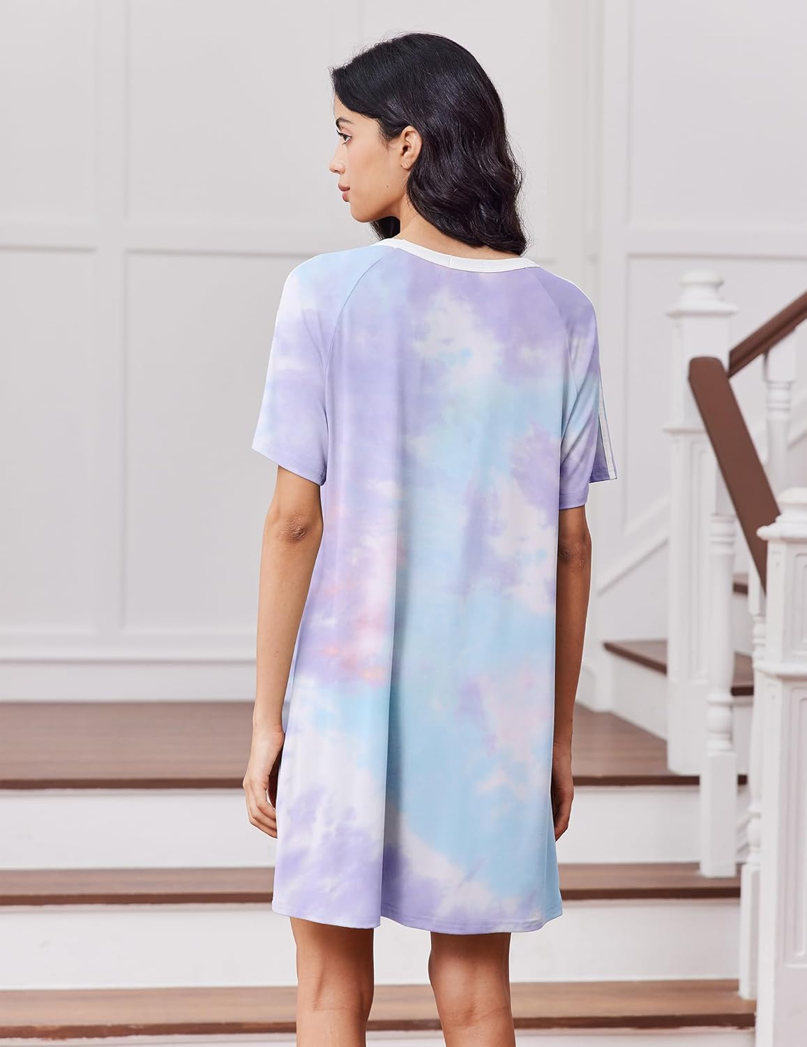 Pastel tie-dye sleep dress with crew neck and short sleeves, back view