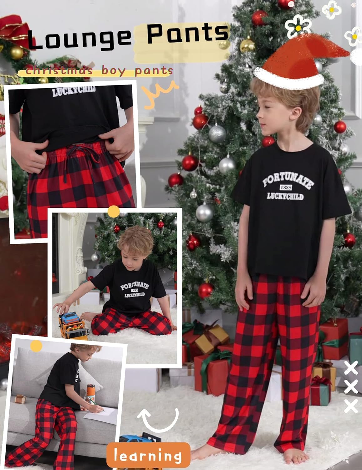 Ekouaer Boys 3 Pack Plaid Lounge Pants with 2 Pockets