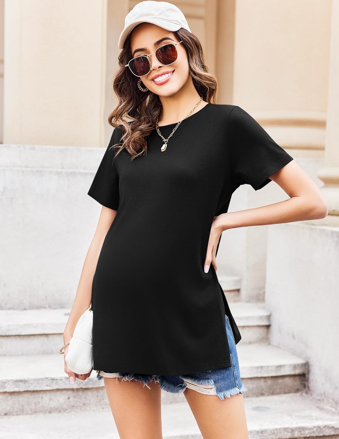 Ekouaer Maternity Shirts Short Sleeve Split Side Tops