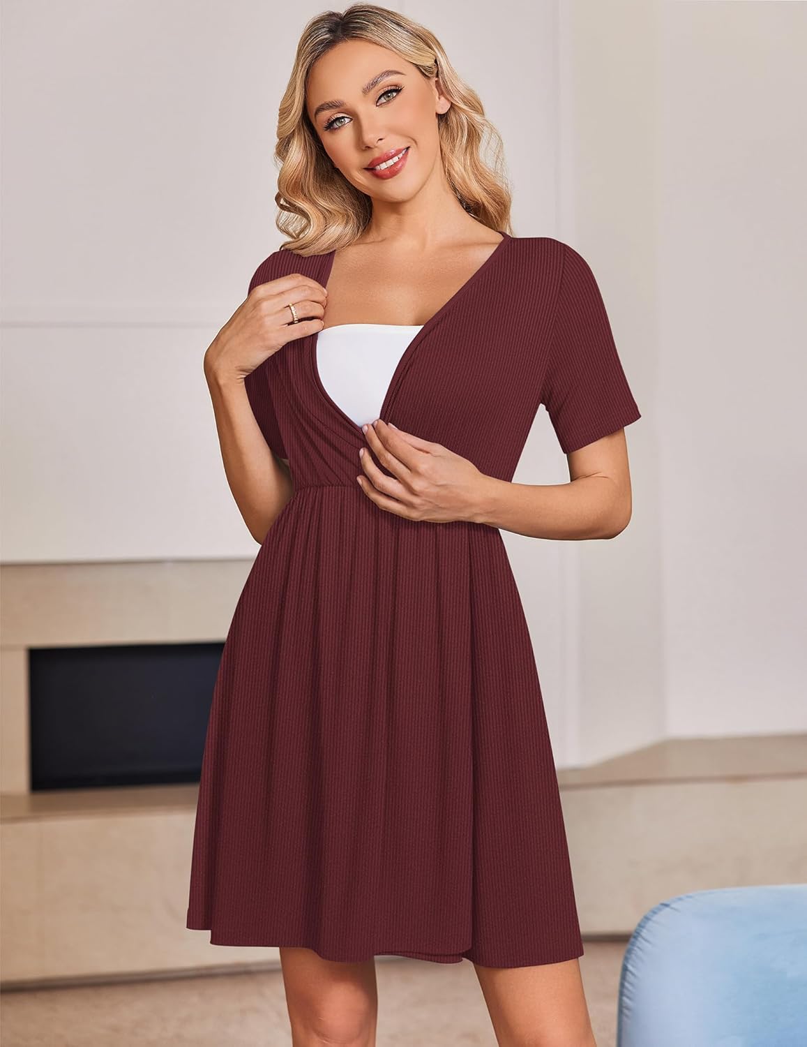 Maternity Nursing Dress V Neck Ribbed Dresses