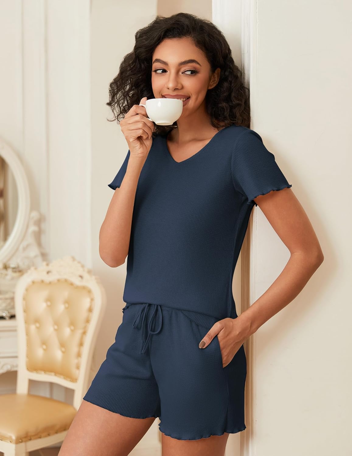 Waffle Knit Lounge Sets Ribbed 2 Piece Outfits