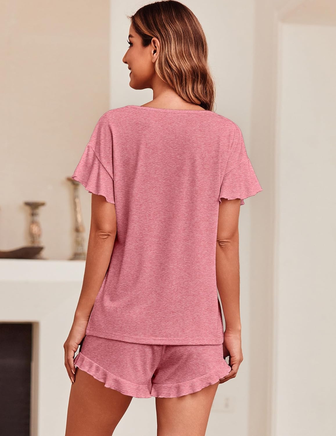 Ekouaer Teddy Ruffle Sleeves Top and Short Soft 2 Piece Set