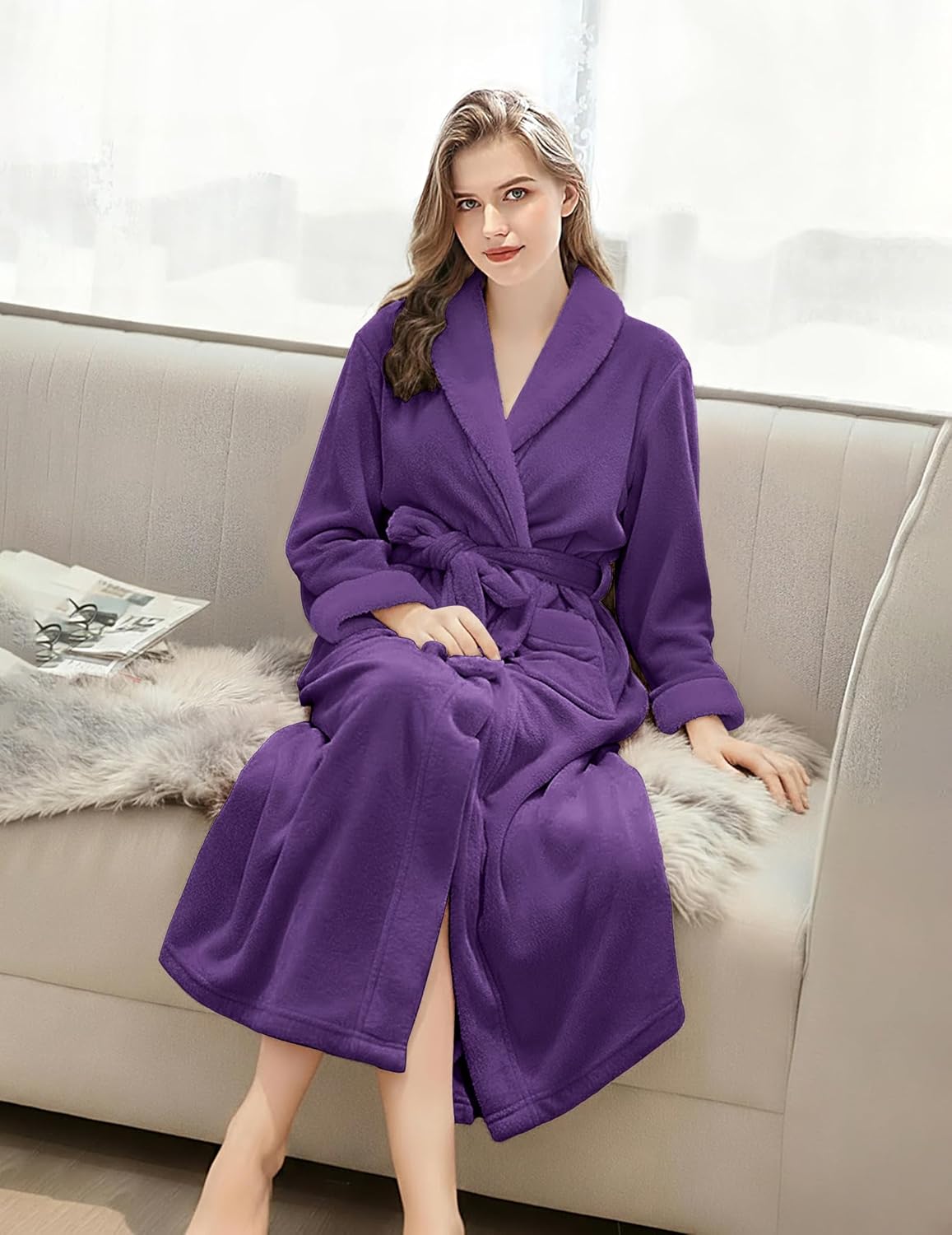 Long bathrobe in deep purple fleece with shawl collar and waist belt tie