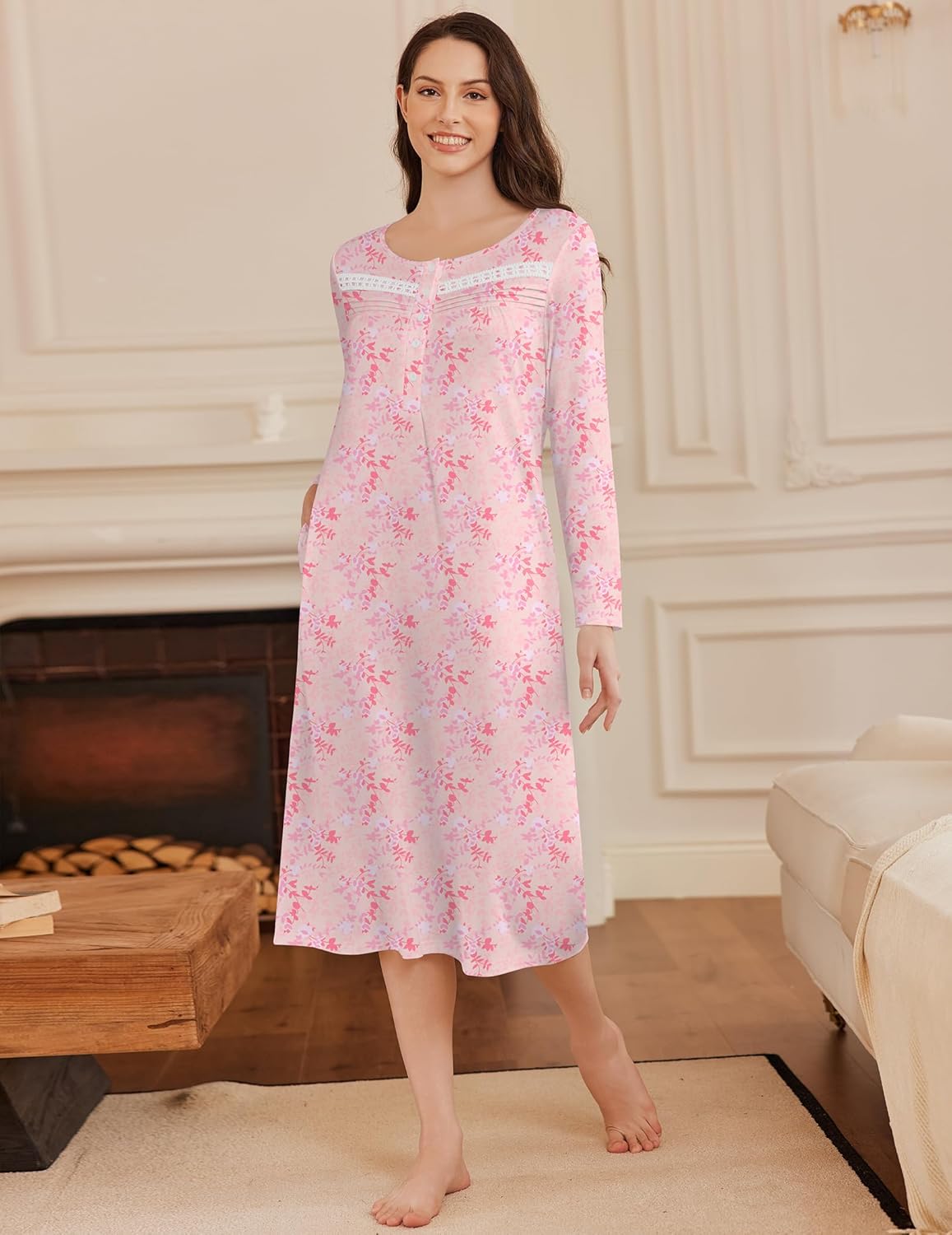 Long Button Night Gowns Full Length Sleep Dress with Pockets