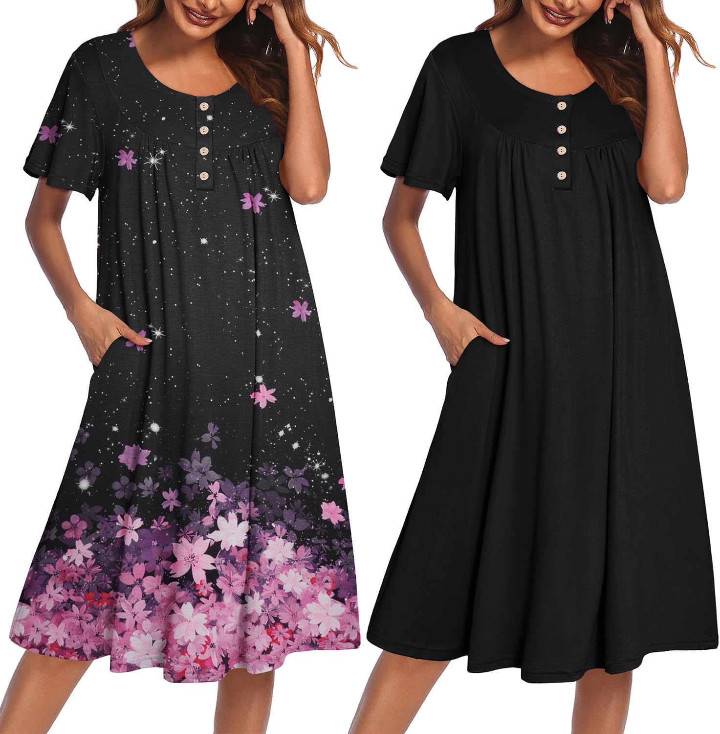 2-pack plus size mumu nightgown, black with pink floral hem and solid black button front