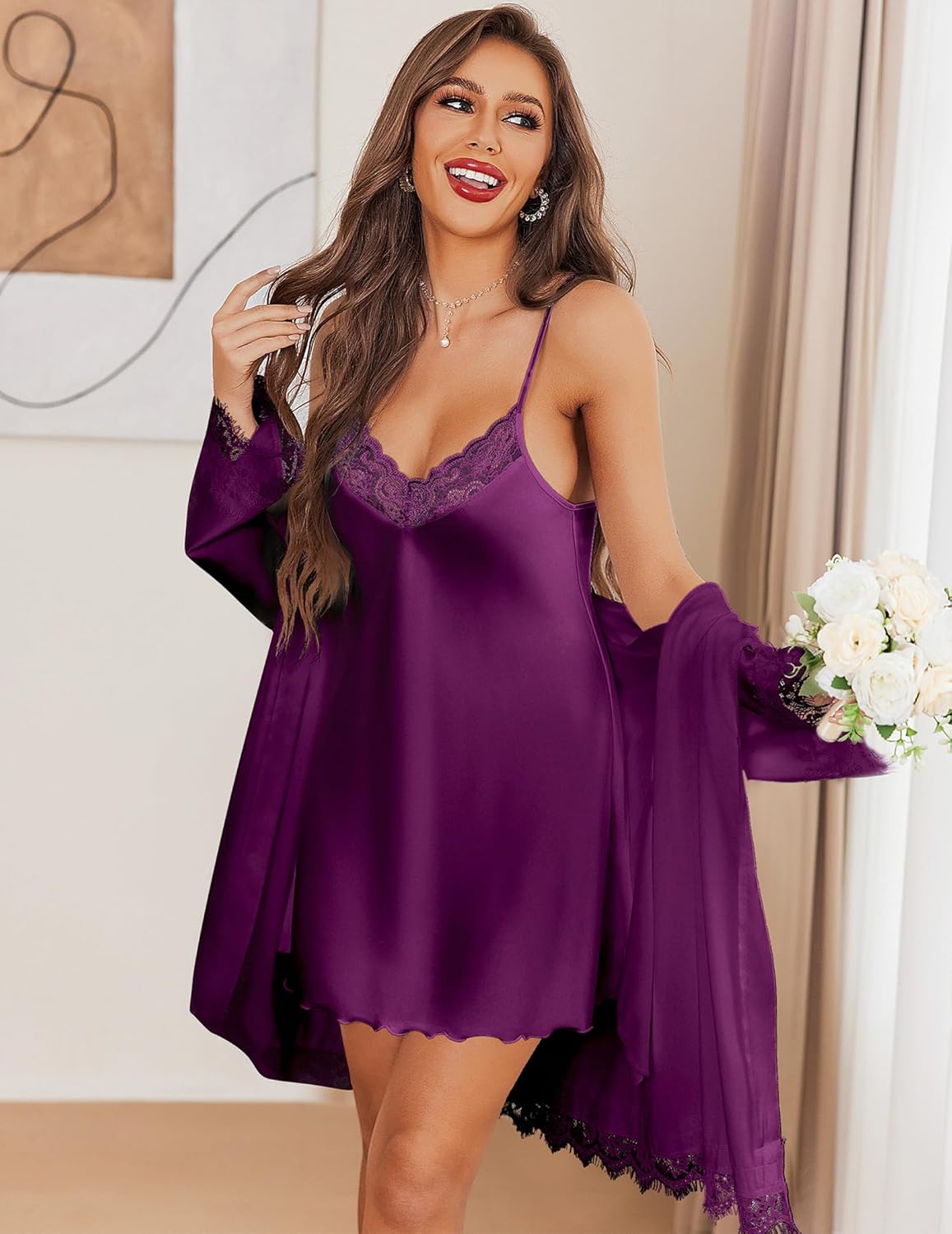 Ekouaer 2 Pack Silk Nightgowns Babydoll Negligee