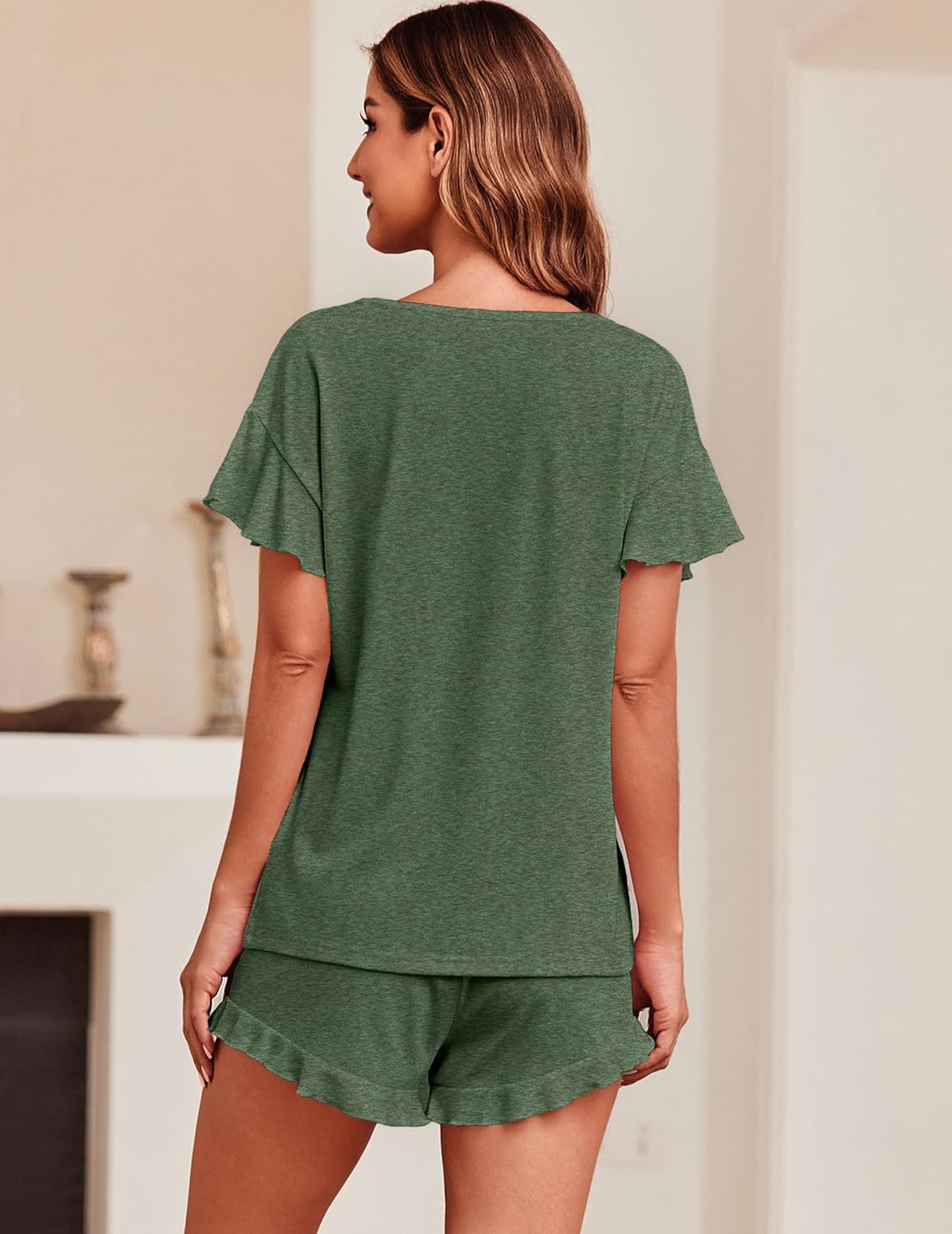 Ekouaer Teddy Ruffle Sleeves Top and Short Soft 2 Piece Set