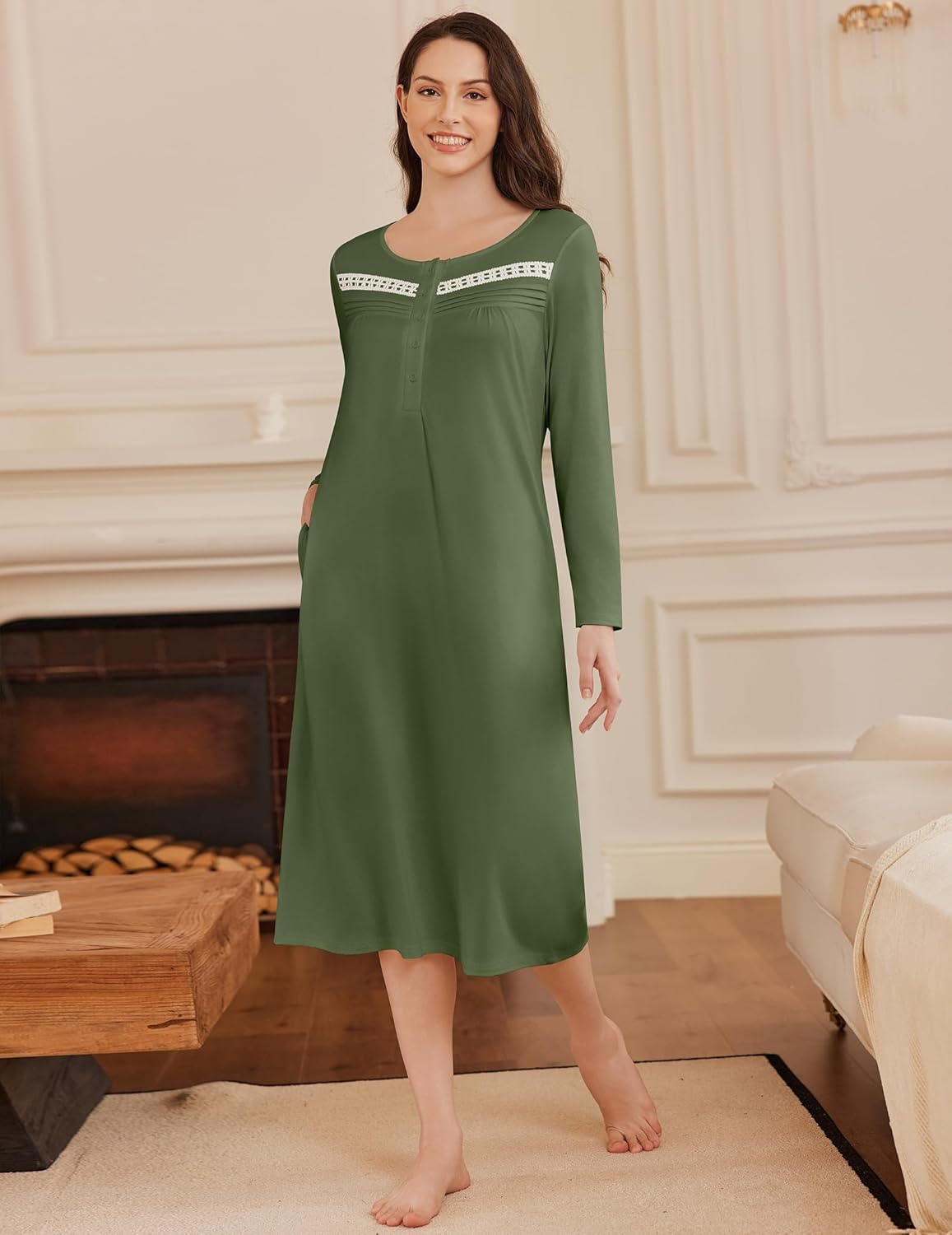 Long Button Night Gowns Full Length Sleep Dress with Pockets