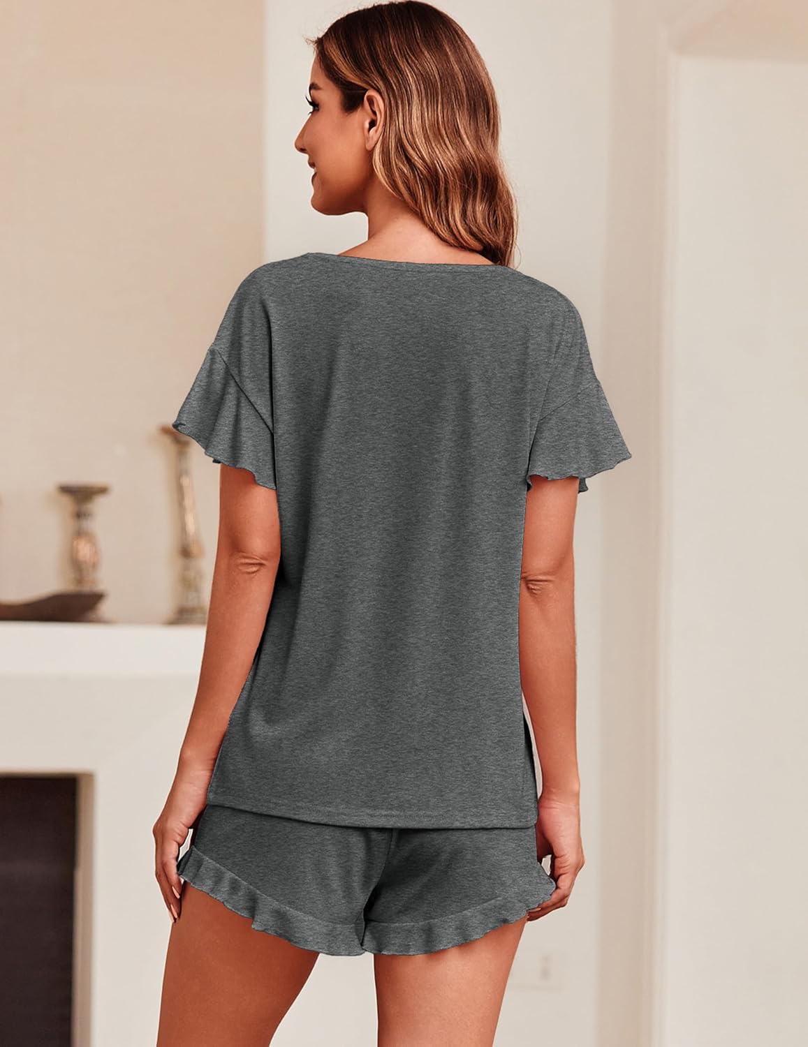 Ekouaer Teddy Ruffle Sleeves Top and Short Soft 2 Piece Set