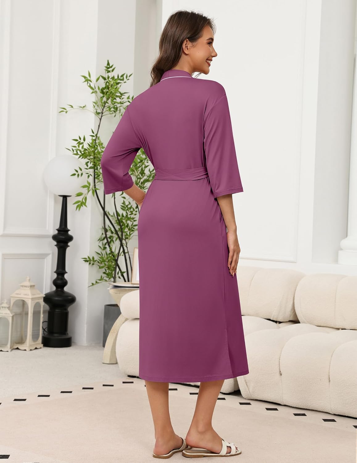 Long Knit Bathrobe Lightweight 3/4 Sleeves Kimono Robe