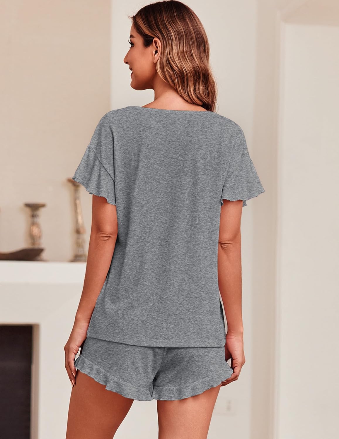 Ekouaer Teddy Ruffle Sleeves Top and Short Soft 2 Piece Set