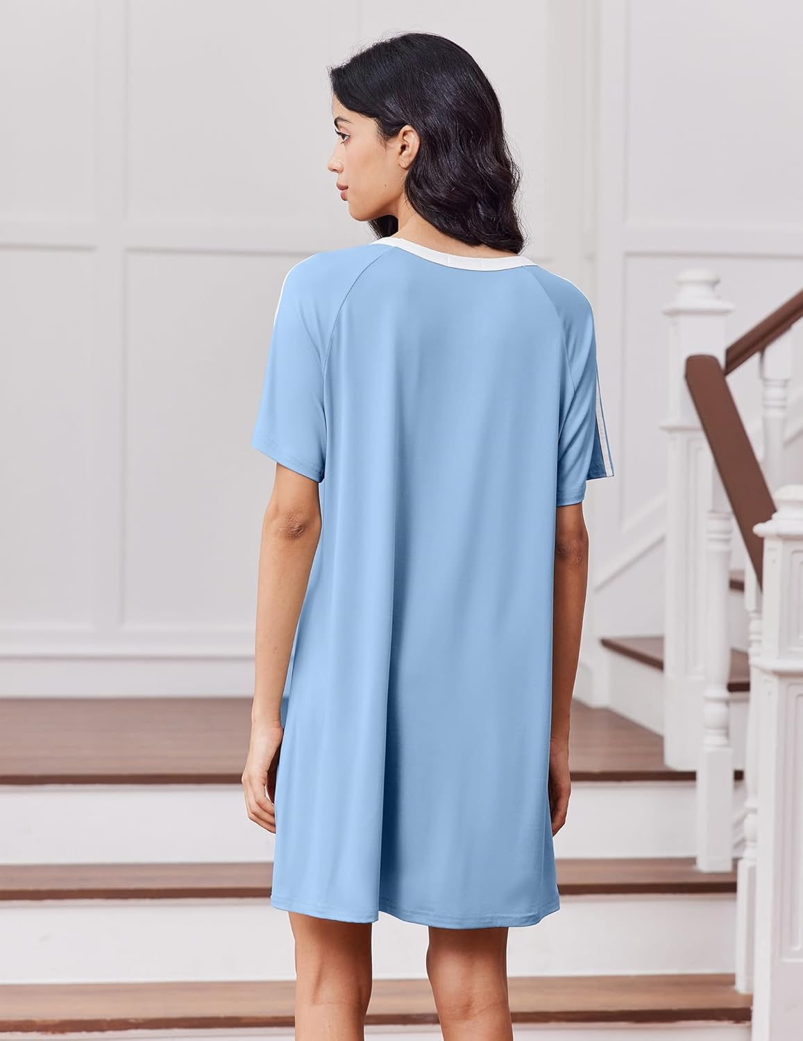 Light blue colorblock night dress, crew neck with cream contrast trim (back view)