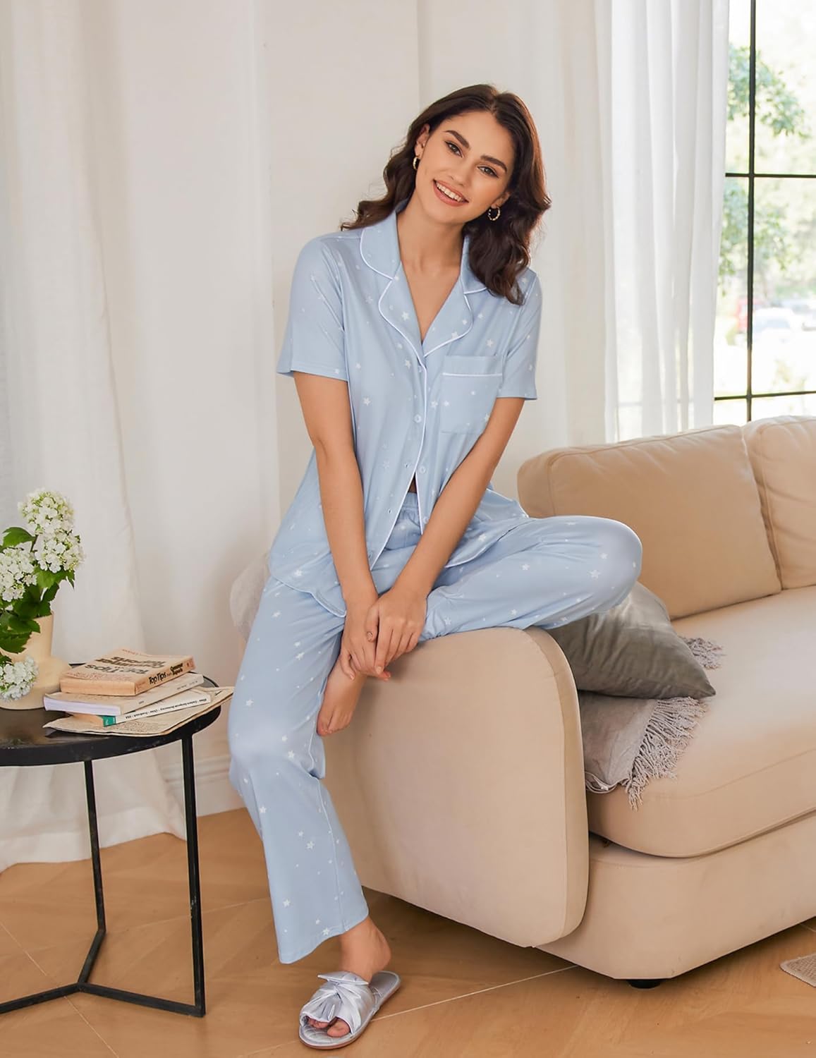 Ekouaer 2 Pack Pajamas Button Up Loungewear Cozy Sets