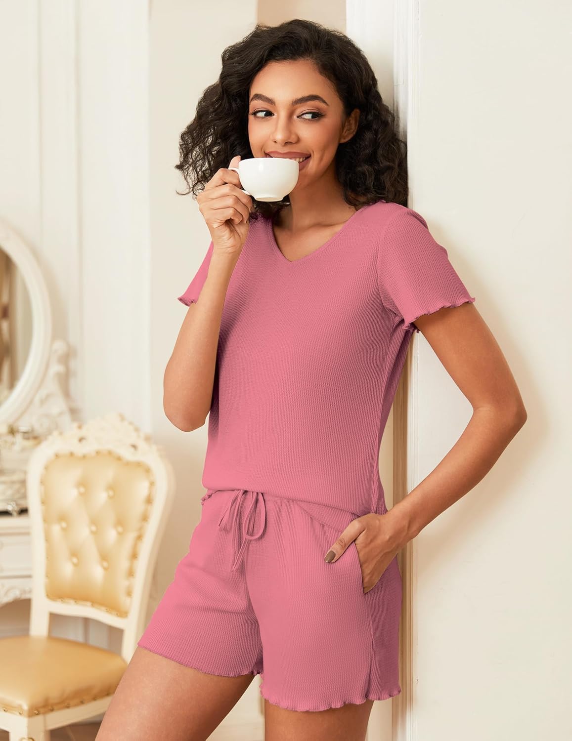 Waffle Knit Lounge Sets Ribbed 2 Piece Outfits