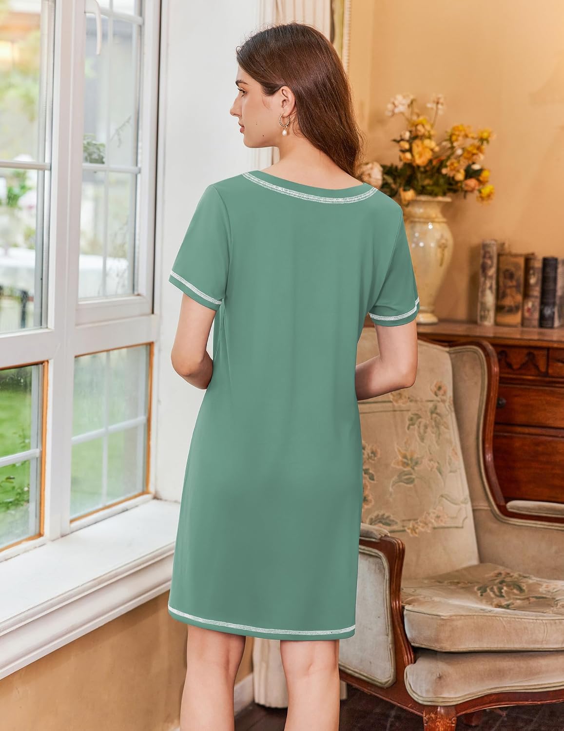 Ekouaer Short Sleeve Sleep Shirts V Neck Soft Sleepdress
