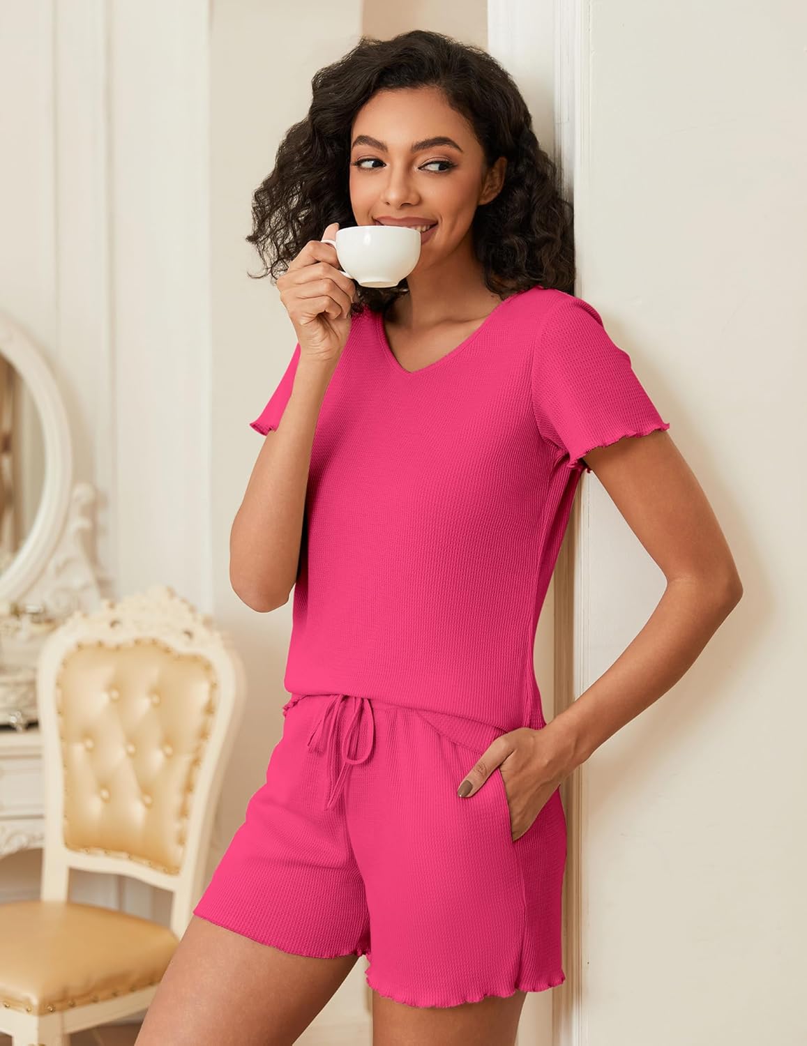 Waffle Knit Lounge Sets Ribbed 2 Piece Outfits