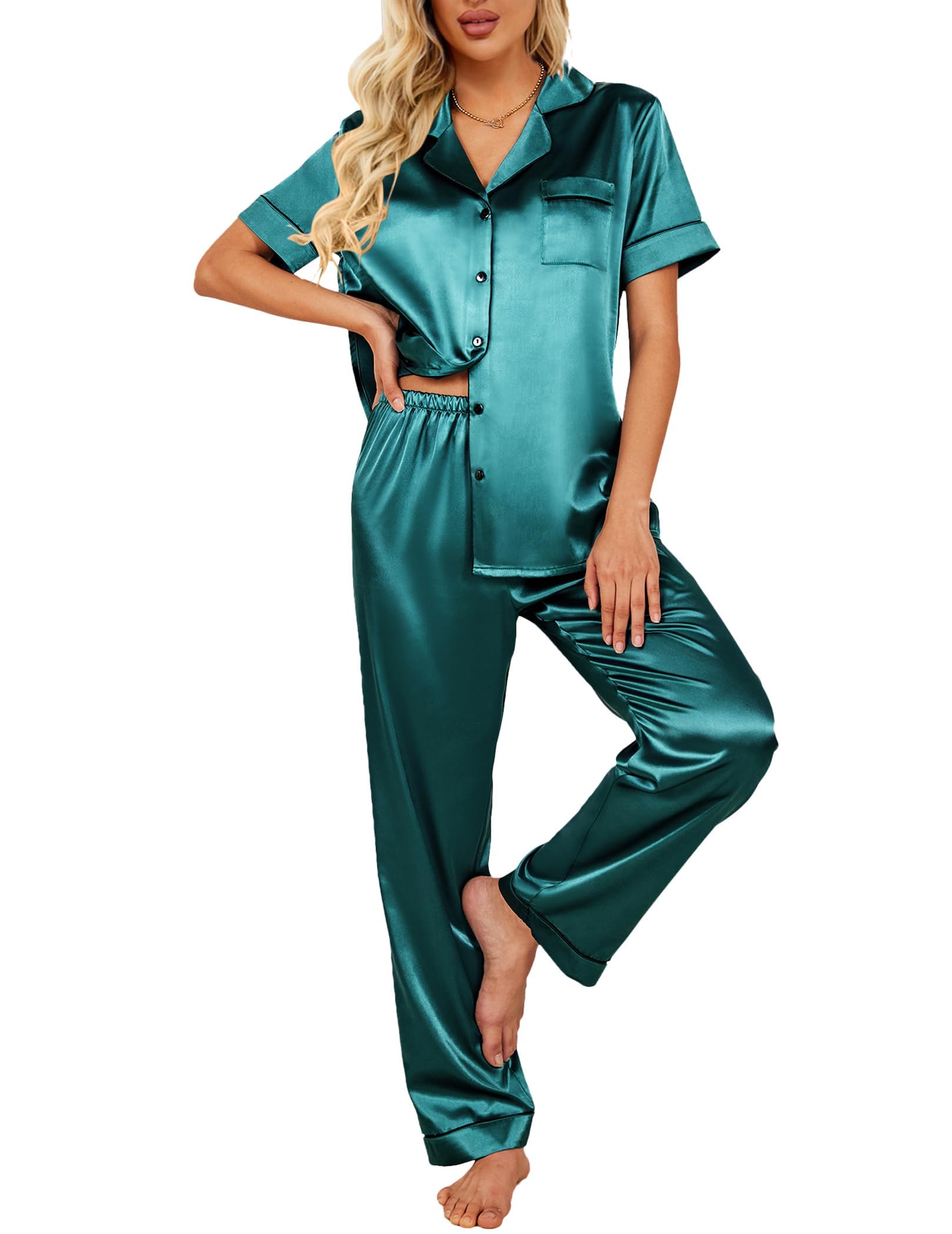 Short Sleeve Silk Satin Pajamas Set