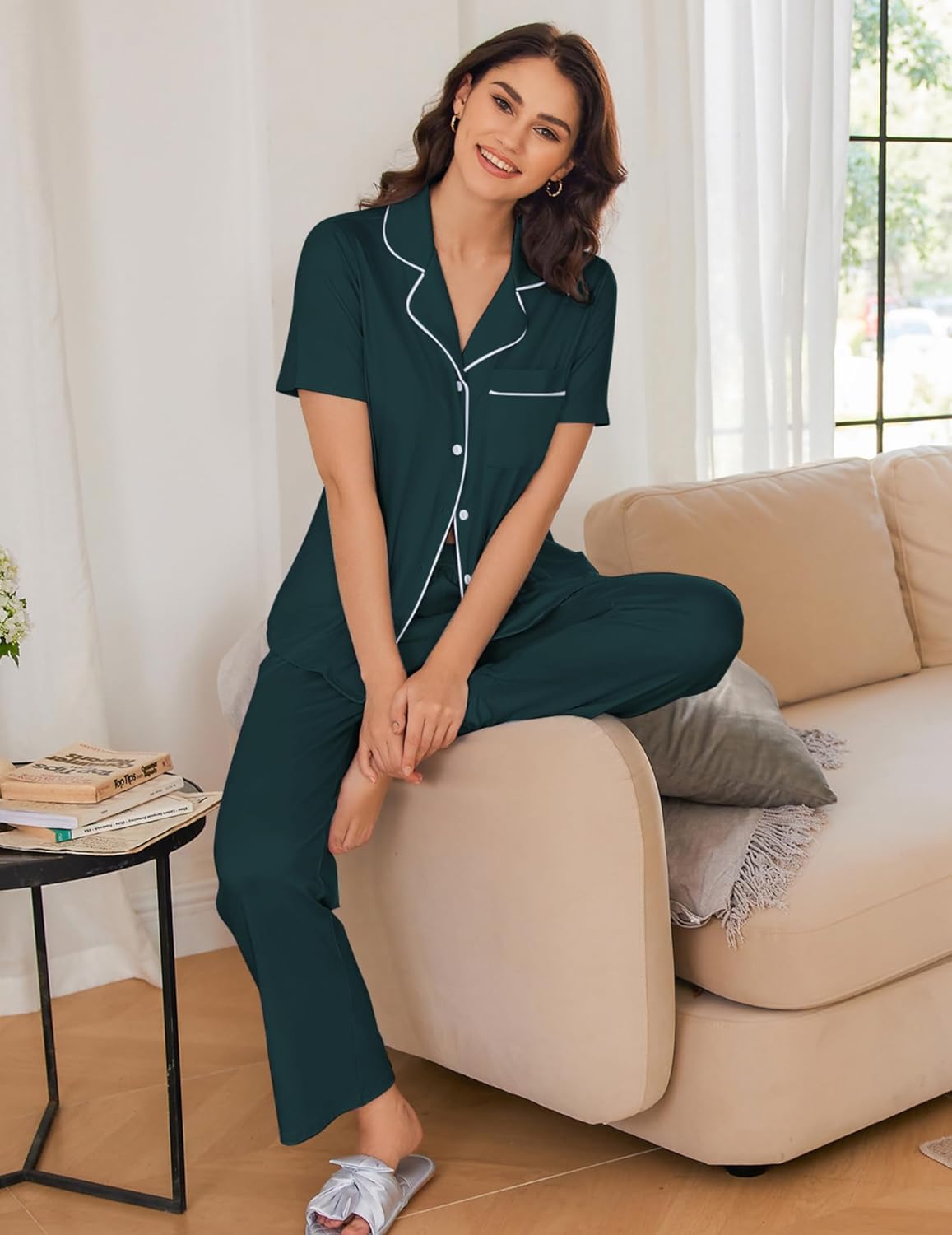 Ekouaer 2 Pack Pajamas Button Up Loungewear Cozy Sets