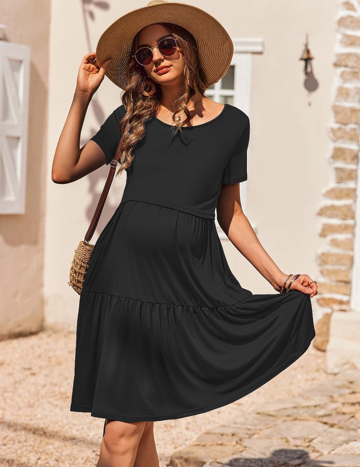 Ekouaer Breastfeeding Maternity Dress | Short Sleeve Knee Length Black / XL Ekouaer Breastfeeding Maternity Dress | Short Sleeve Knee Length Black / XL
