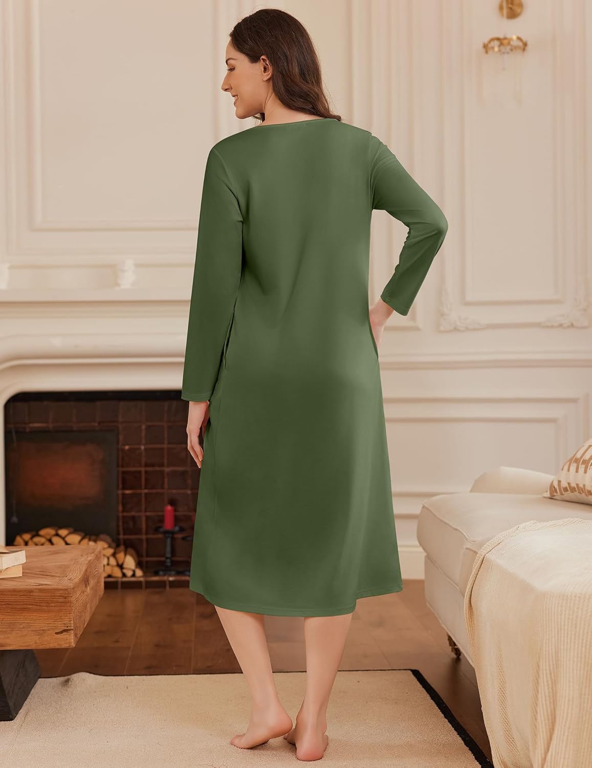 Long Button Night Gowns Full Length Sleep Dress with Pockets