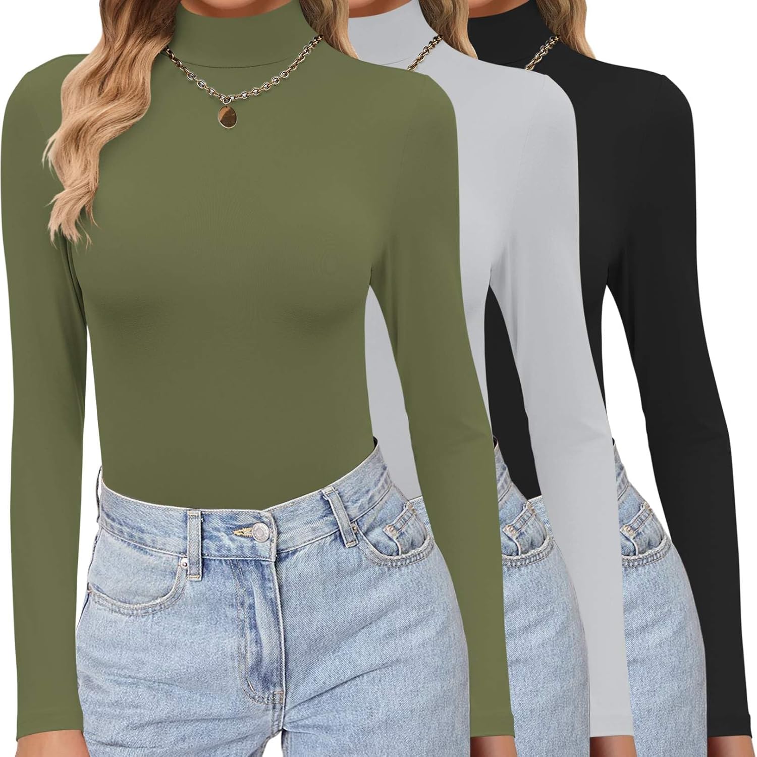 Ekouaer 3 Pack Turtleneck Shirts Long Sleeve Mock Tops