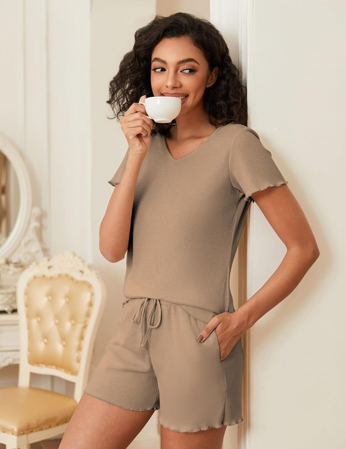 Waffle Knit Lounge Sets Ribbed 2 Piece Outfits