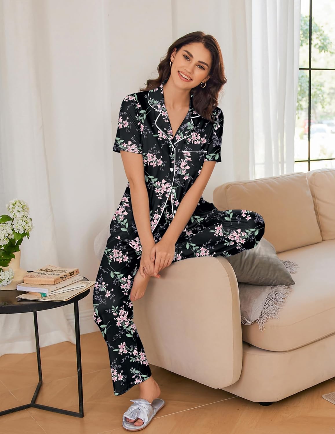 Ekouaer 2 Pack Pajamas Button Up Loungewear Cozy Sets