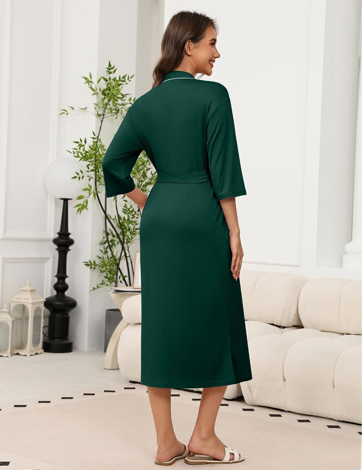 Long Knit Bathrobe Lightweight 3/4 Sleeves Kimono Robe