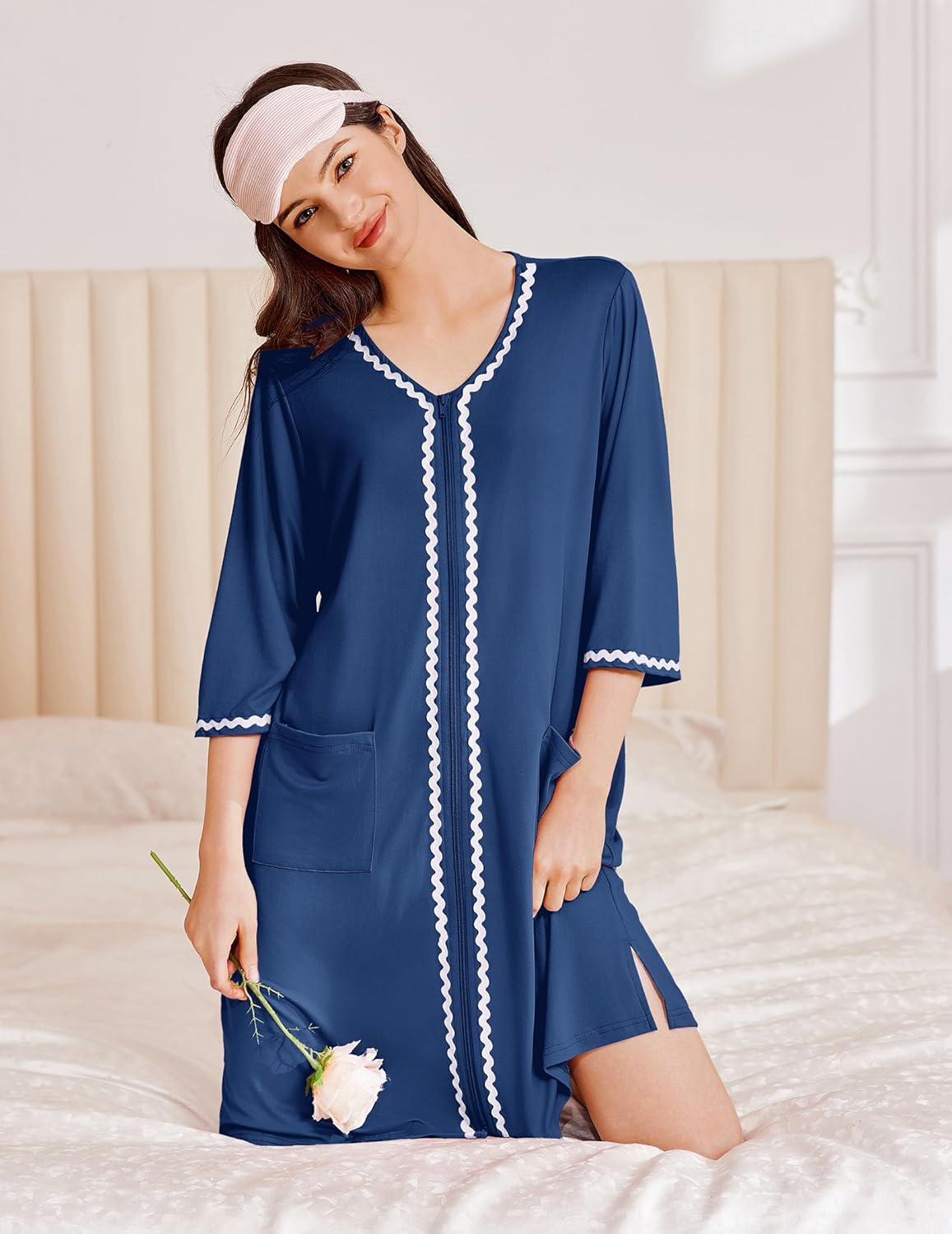 Ekouaer Zipper Robes for Women 3/4 Sleeves Lightweight House Coat