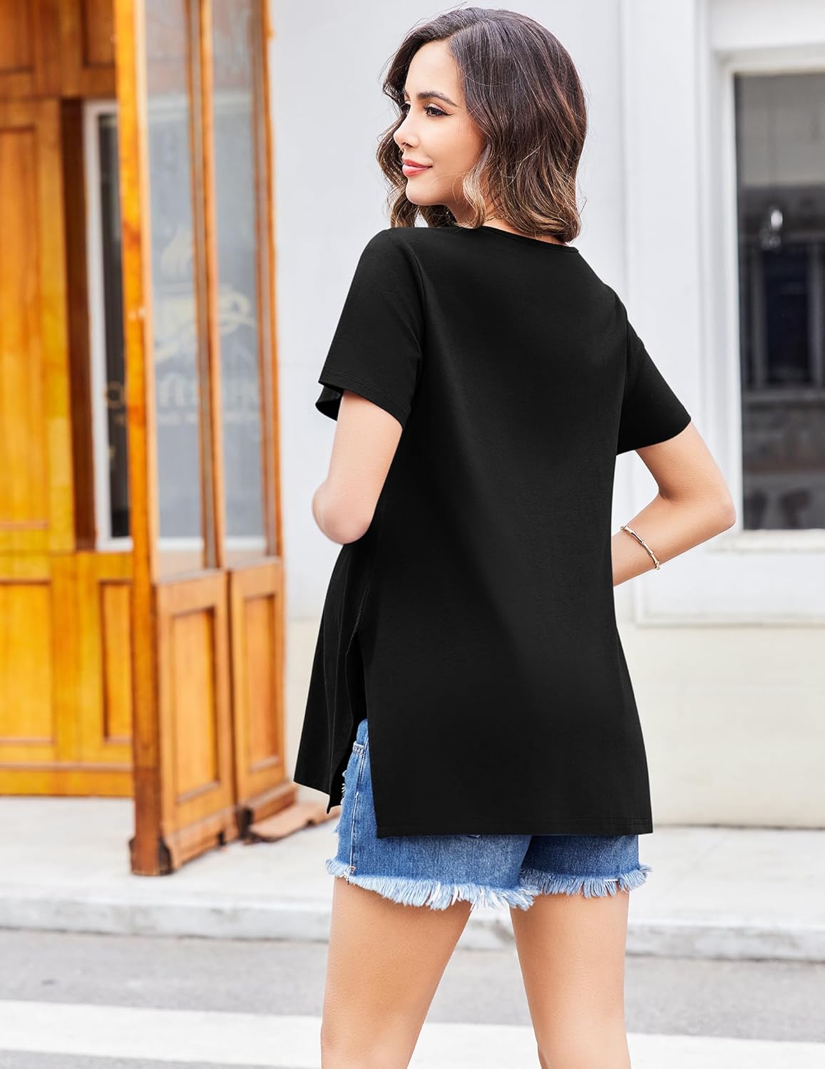 Ekouaer Maternity Shirts Short Sleeve Split Side Tops