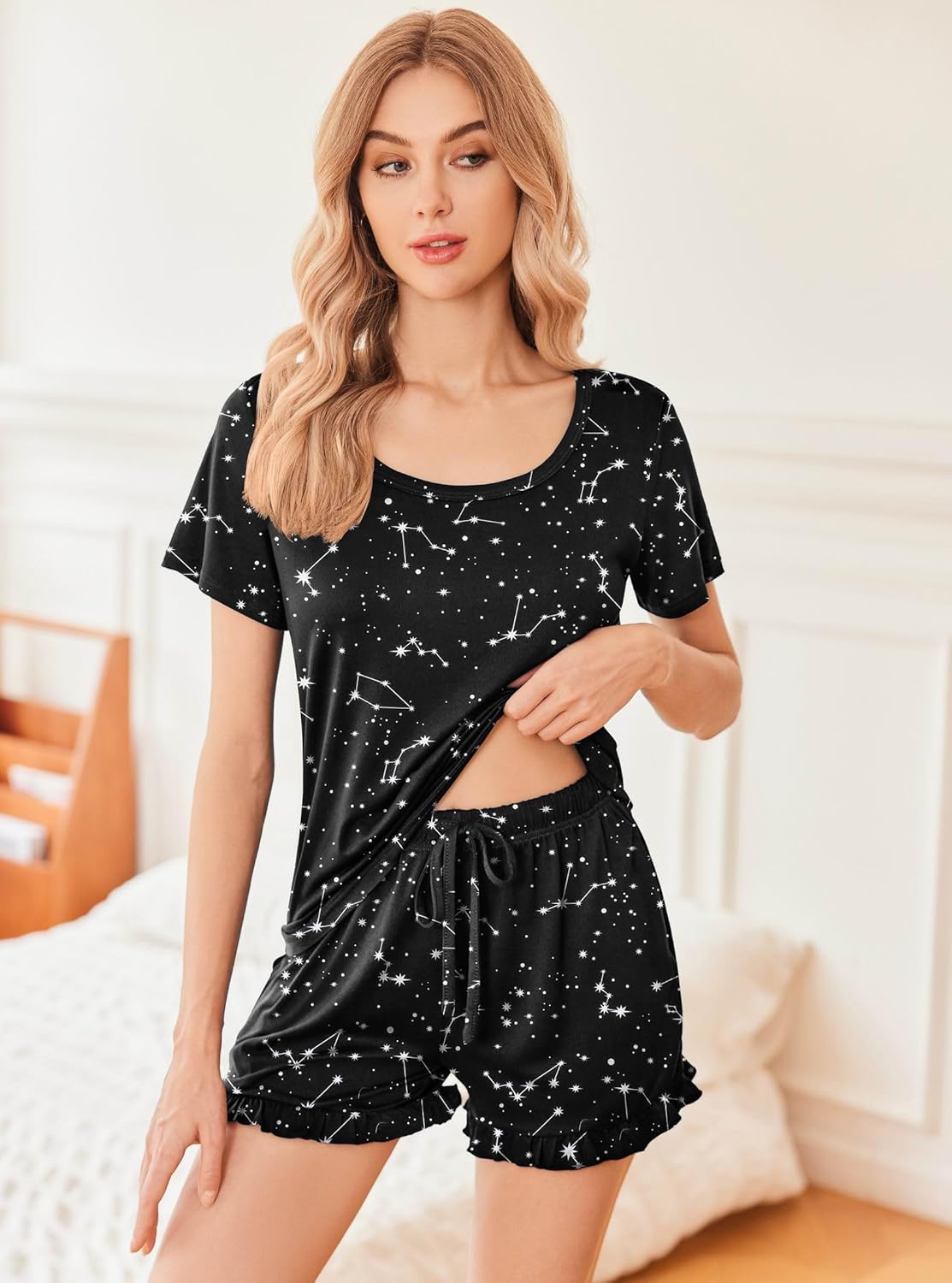 Lounge Set Crew Neck Tops and Ruffle Shorts Pj Sets