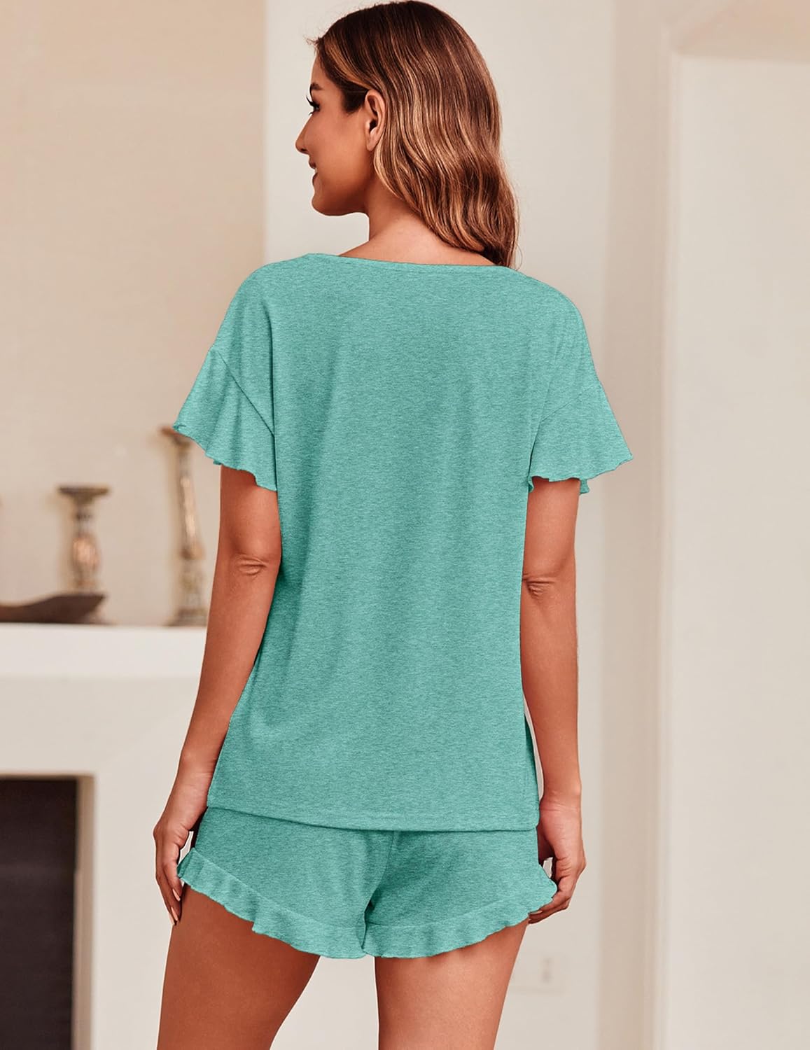 Ekouaer Teddy Ruffle Sleeves Top and Short Soft 2 Piece Set