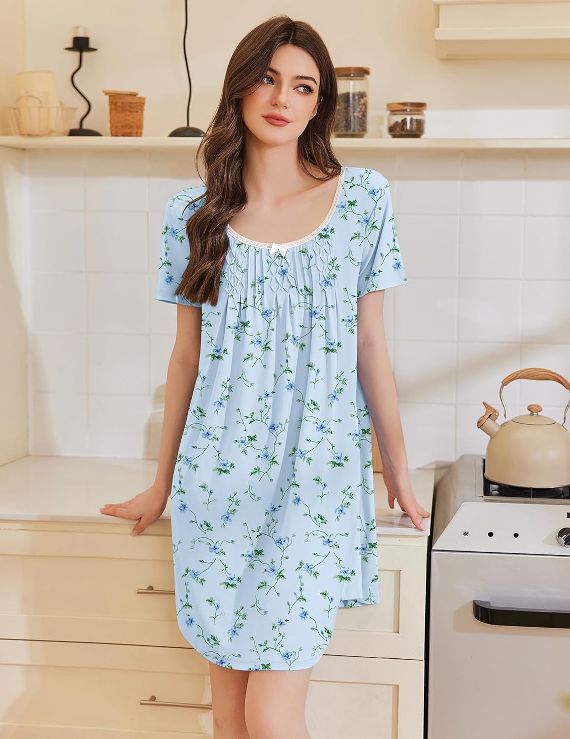 Pleated Sleep Shirts Short Sleeve Night Shirts Dress