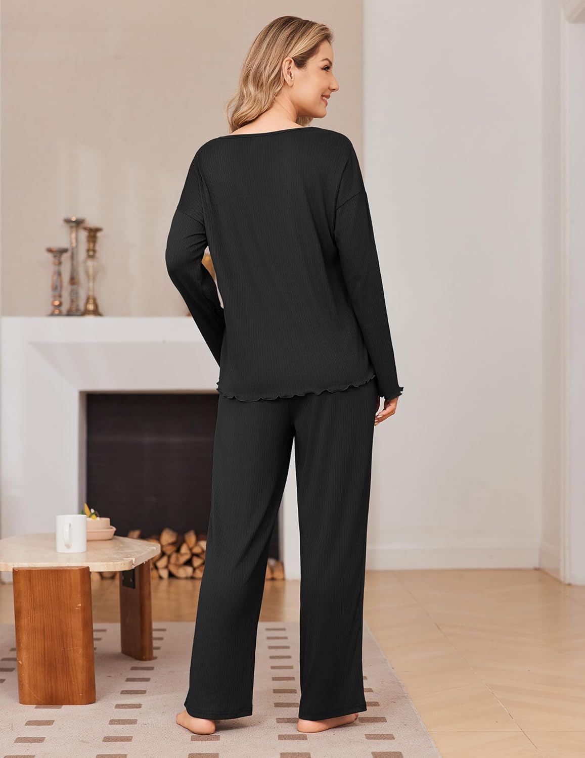 2 Pack Ribbed Knit Pajama Sets V Neck Soft Lounge Sets