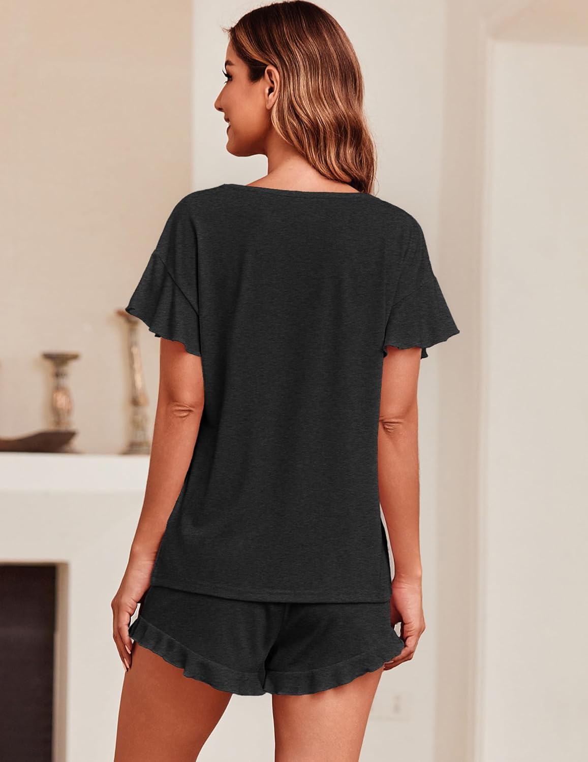 Ekouaer Teddy Ruffle Sleeves Top and Short Soft 2 Piece Set