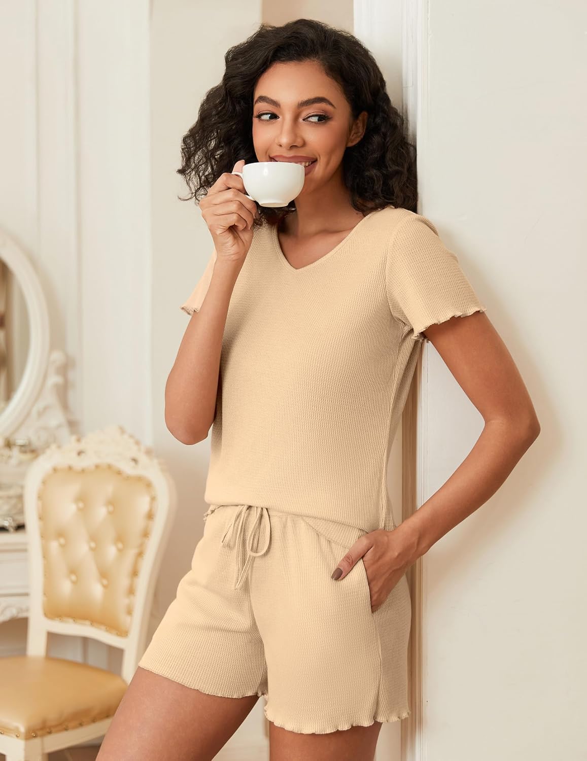 Waffle Knit Lounge Sets Ribbed 2 Piece Outfits