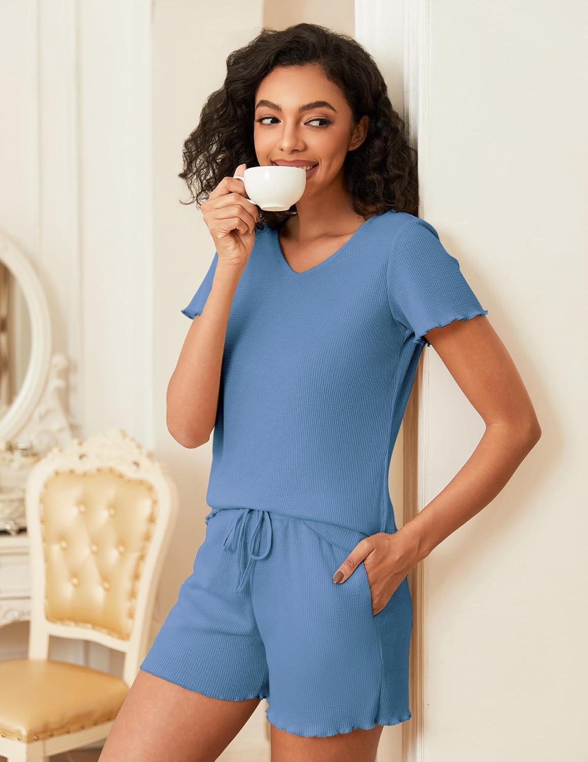 Waffle Knit Lounge Sets Ribbed 2 Piece Outfits