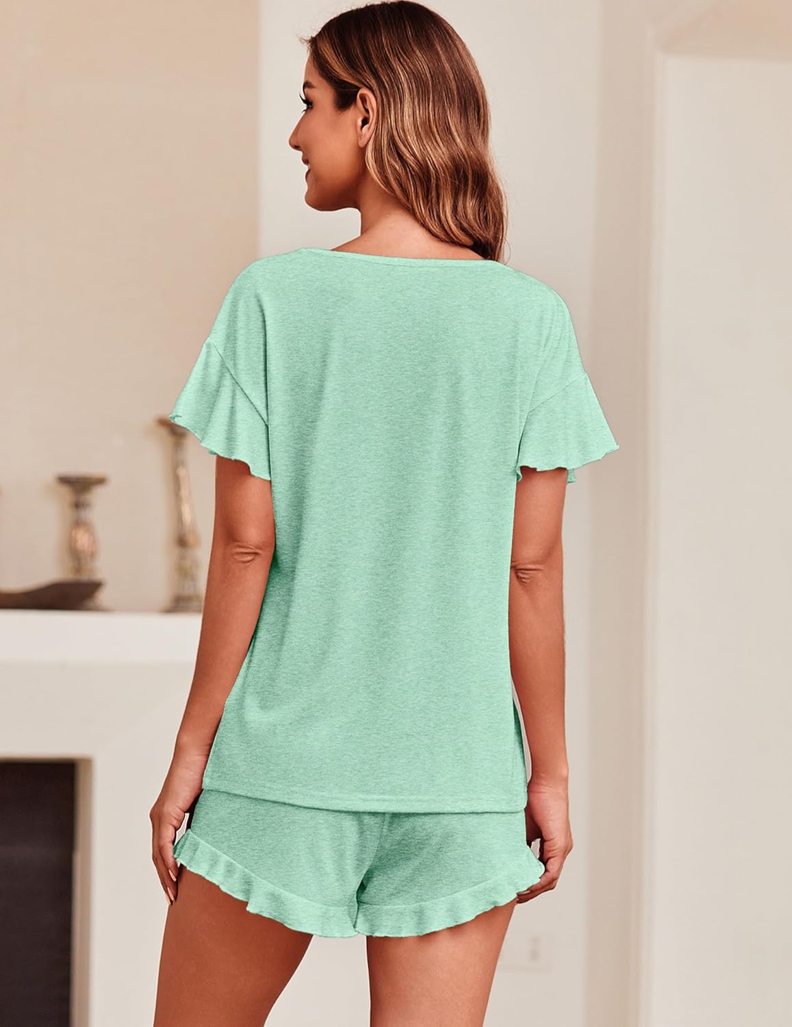 Ekouaer Teddy Ruffle Sleeves Top and Short Soft 2 Piece Set