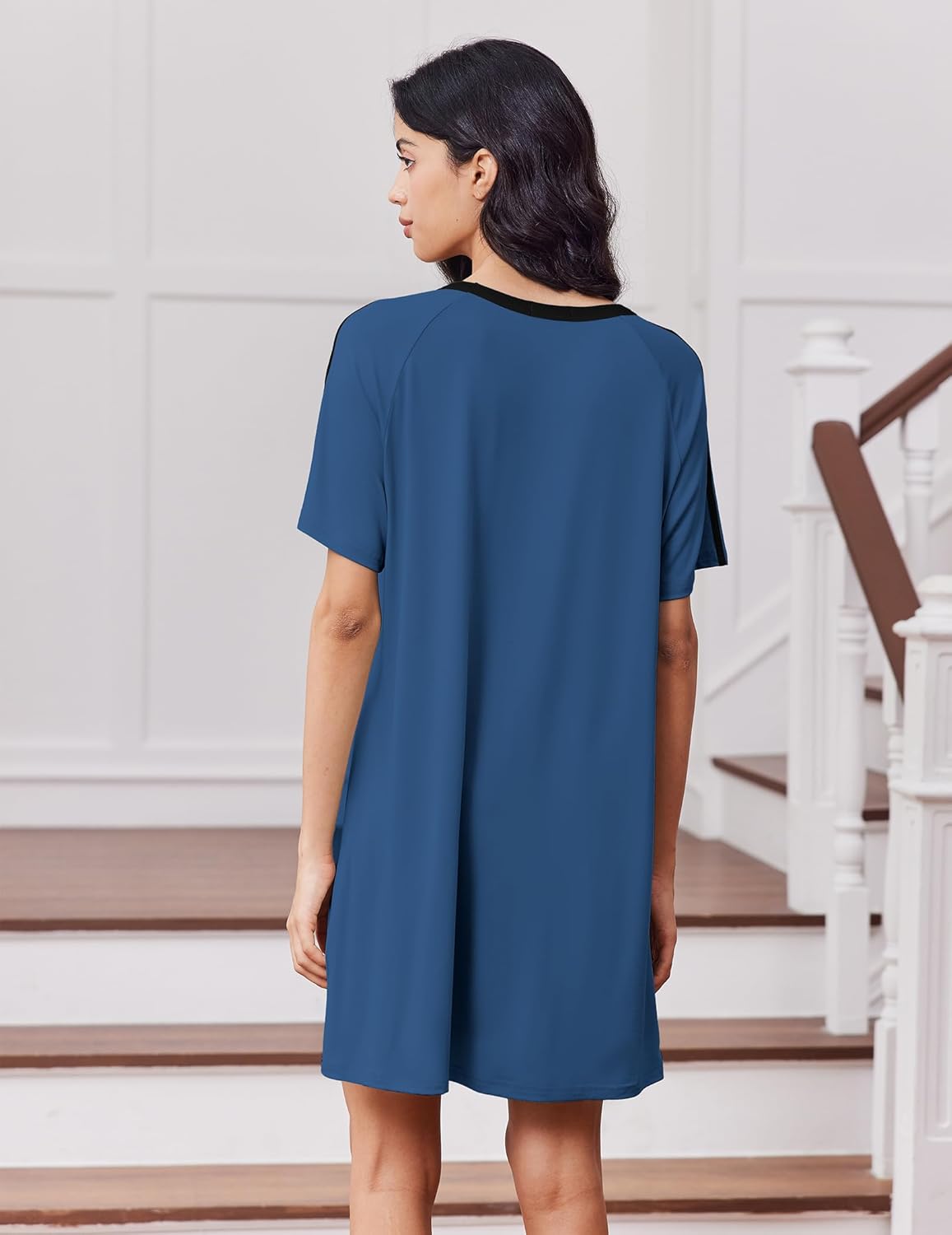 Blue sleep dress with short sleeves and crew neck, back view with black trim