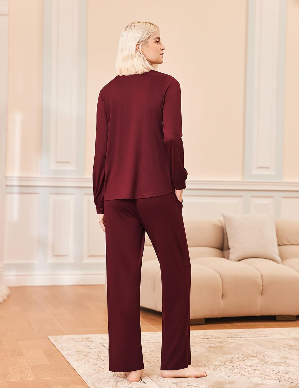 Long Sleeve Pleated V Neck Sleepwear with Pockets