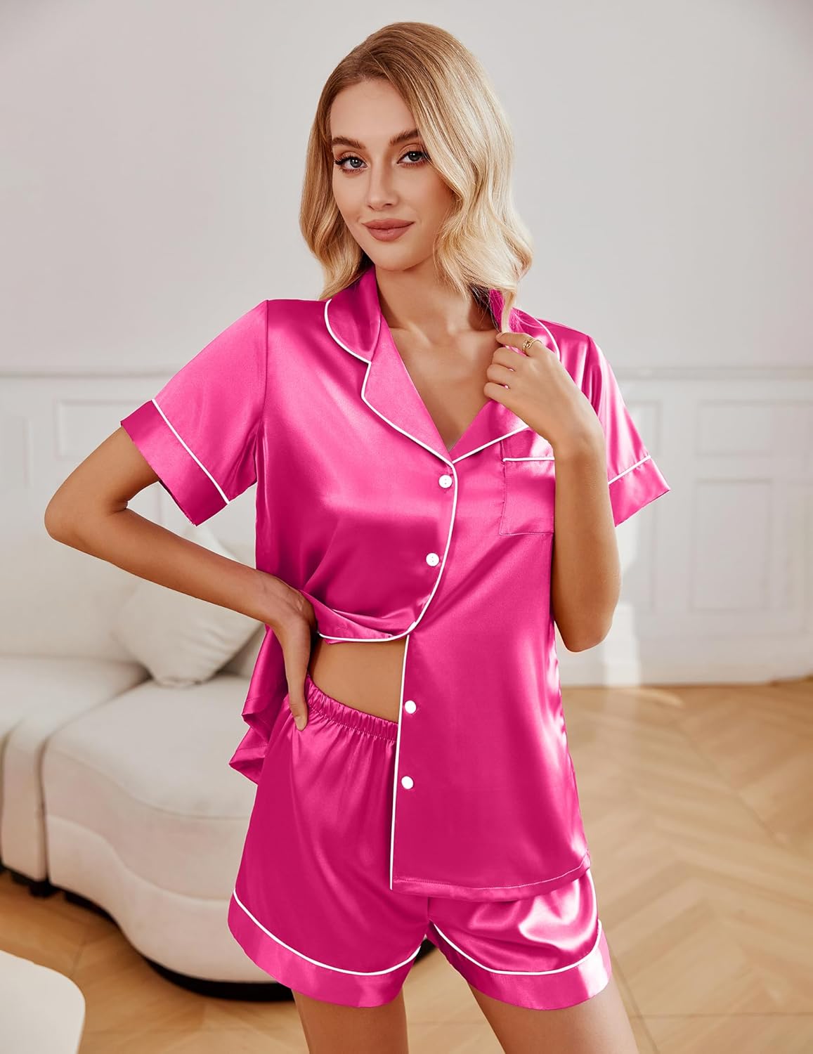 Ekouaer 2 Pack Pajama Sets Silk Satin Pj Lounge Set