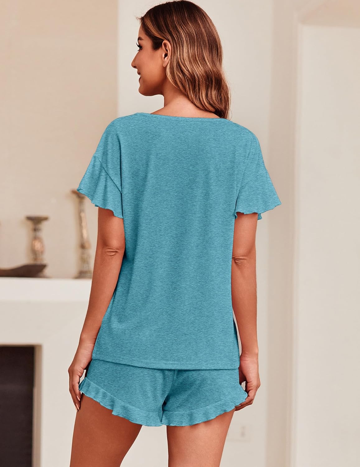 Ekouaer Teddy Ruffle Sleeves Top and Short Soft 2 Piece Set