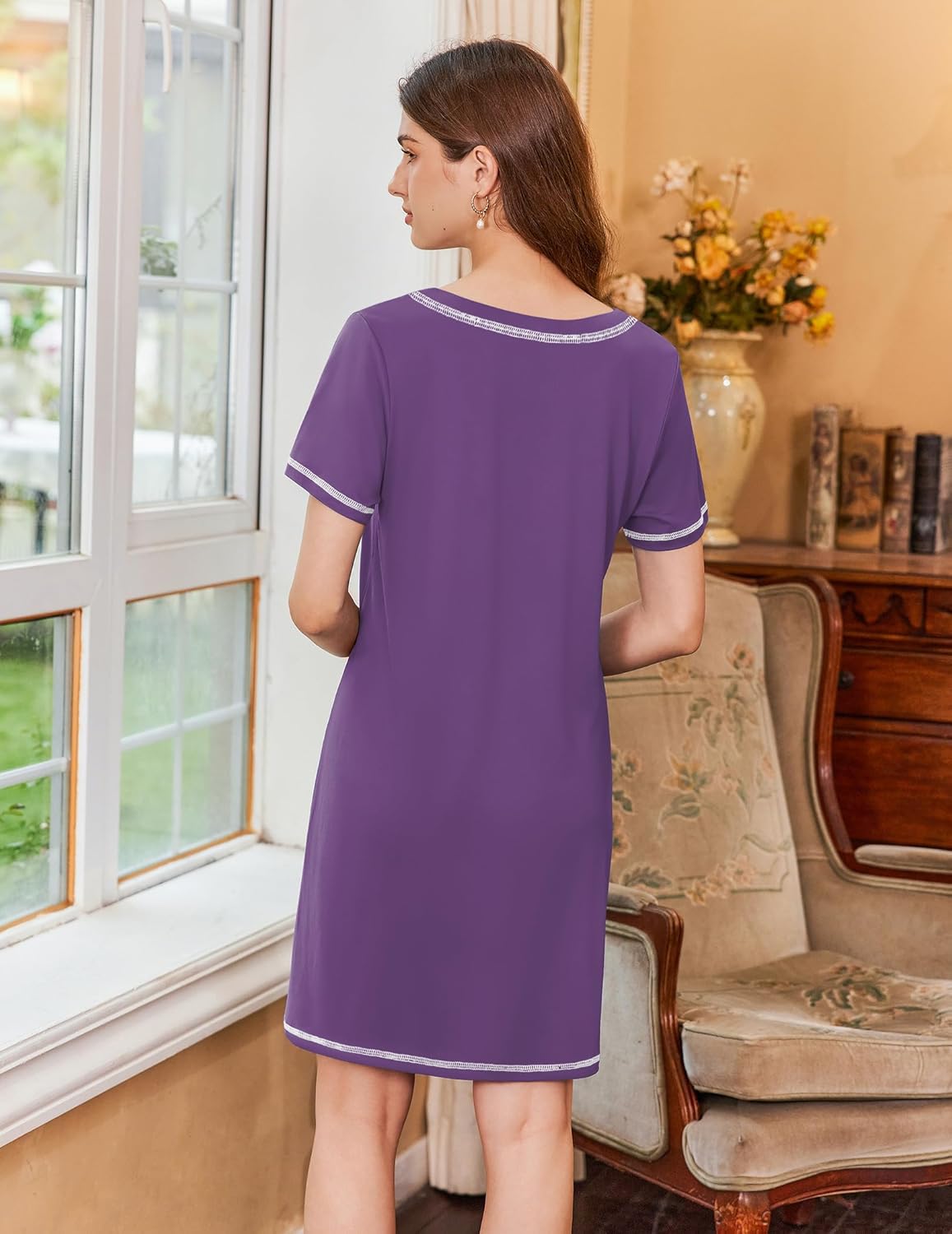 Ekouaer Short Sleeve Sleep Shirts V Neck Soft Sleepdress